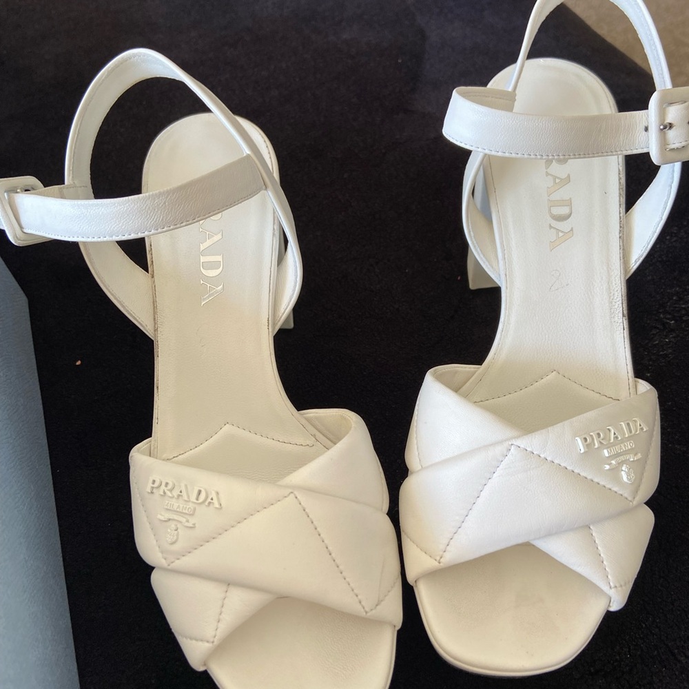 Prada White Leather Heels with Ankle Strap
